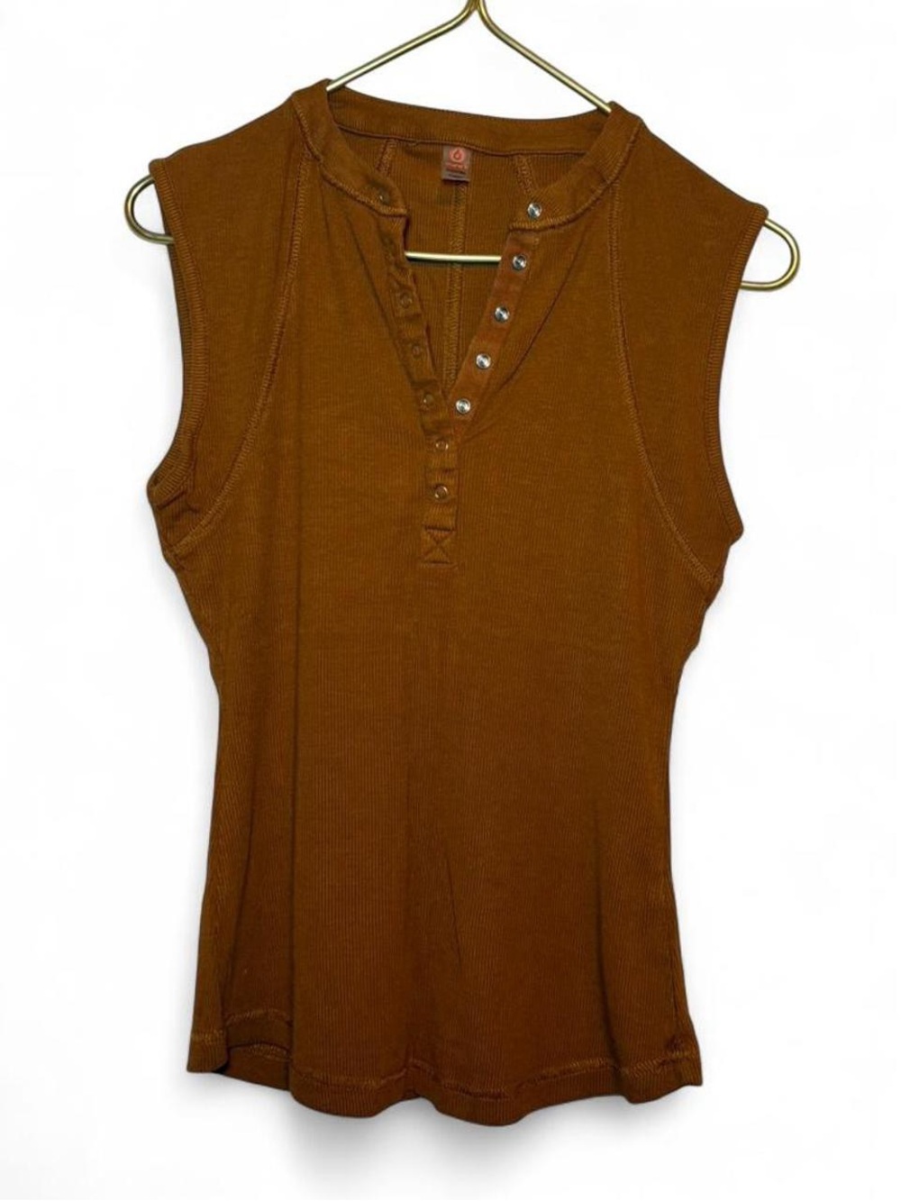 Mono B Sleeveless Ribbed Henley Tank Top - Orange/Brown